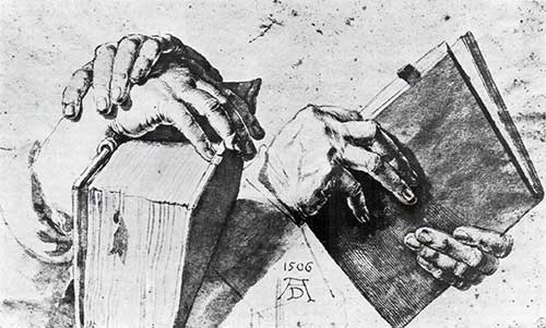 А. Дюрер. Штудия рук к картине Христос среди книжников. Тушь, кисть, цветная бумага. 1506.