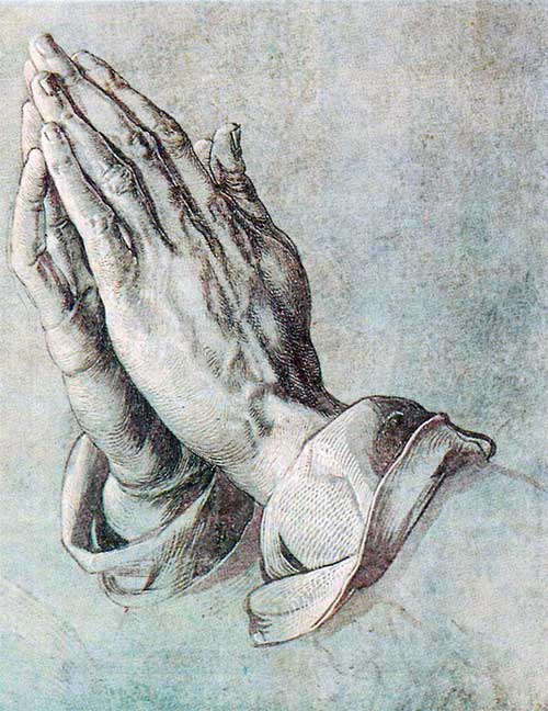 А. Дюрер. Руки в молитве. Этюд к картине Вознесение Марии. Тушь, кисть, белила, цветная бумага. 1508.