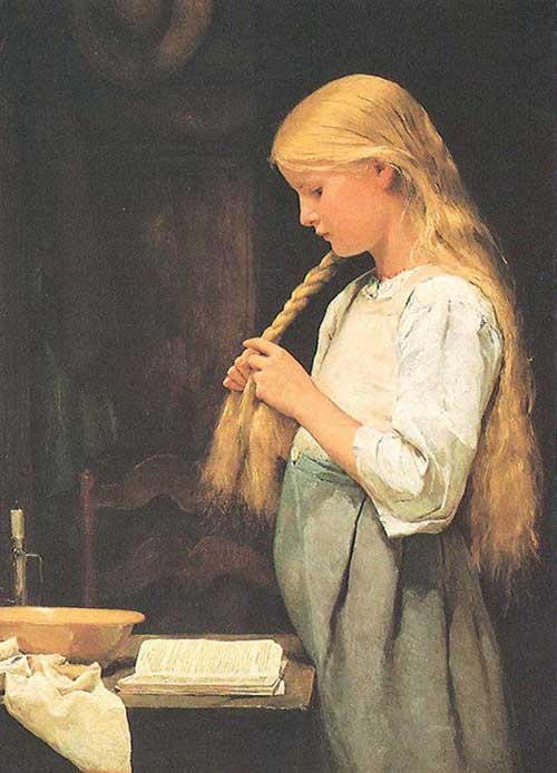 Девочка, заплетающая косы - дочь художника, Мари Анкер (1885)