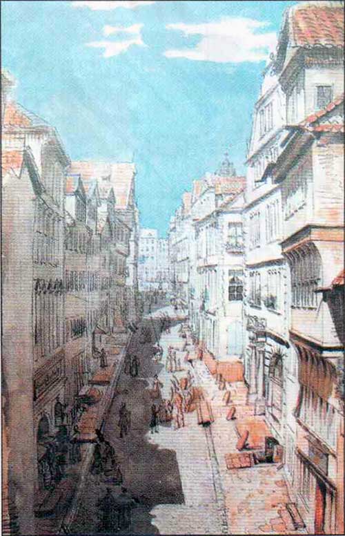 Людвиг Эмиль Гримм. Рыночный переулок в Касселе. Бумага, карандаш, перо, акварель. 1842.